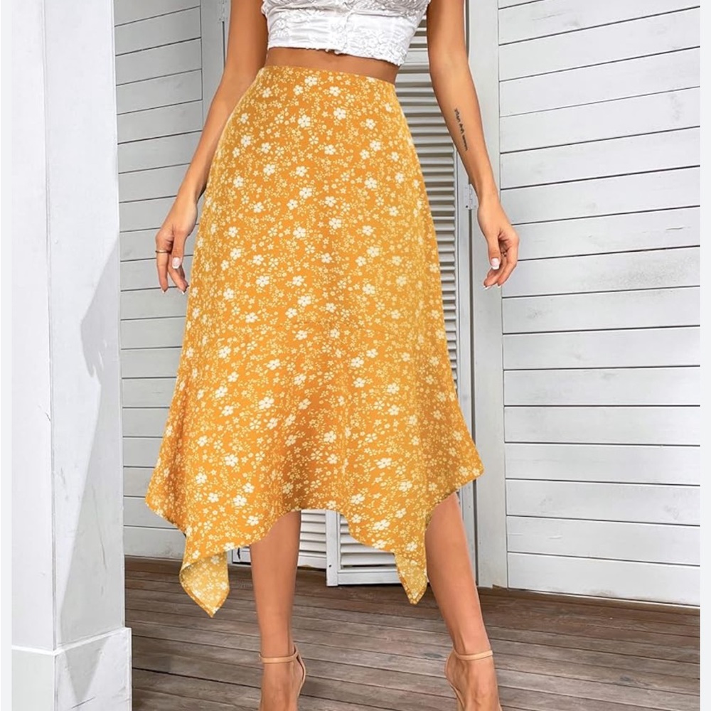Mustard Yellow High Waist Floral Asymmetrical Hem Skirt